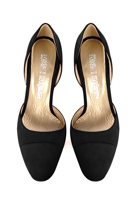 Matt black women's open arch dress pumps. Round toe. Very high slim heel. Top view - Florence KOOIJMAN